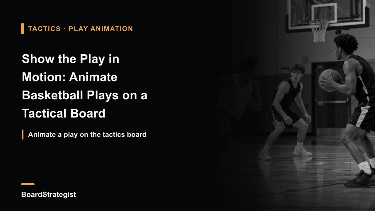 AI-generated cover photo showing a coach explaining a play to players during a fictional basketball practice.