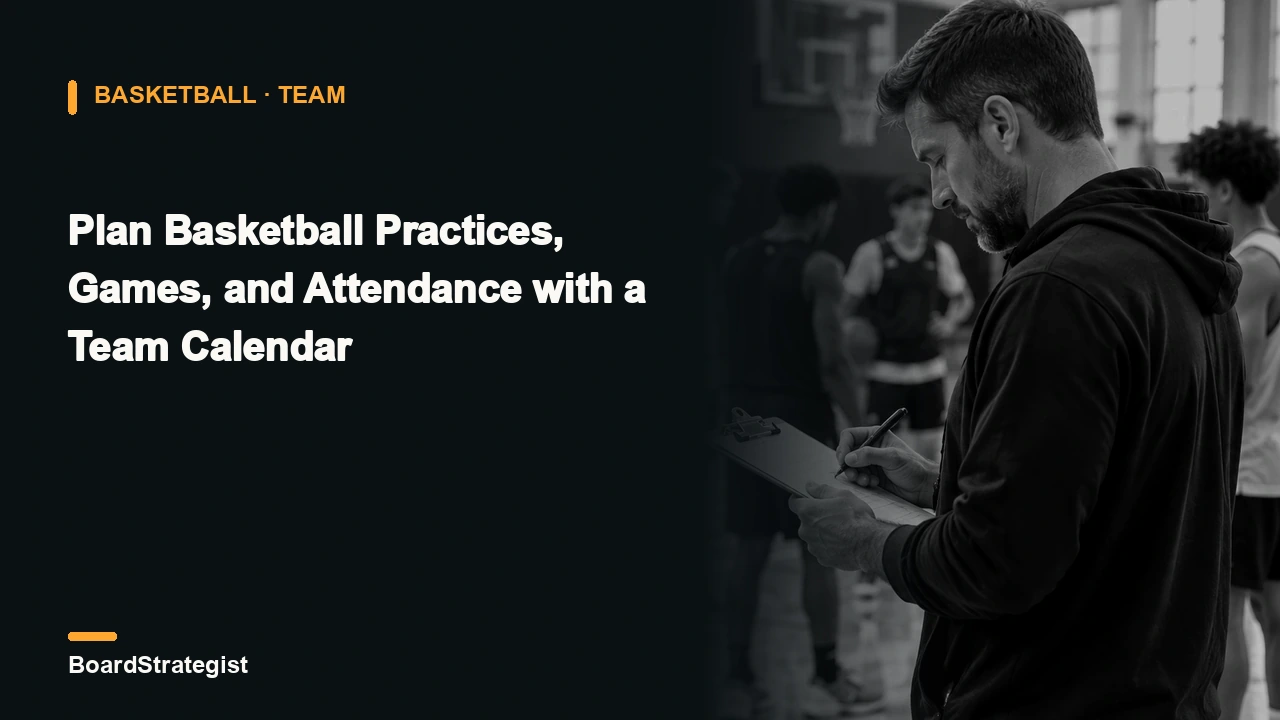 AI-generated fictional basketball team-planning scene: a coach checks practice plans while players prepare in a gym.