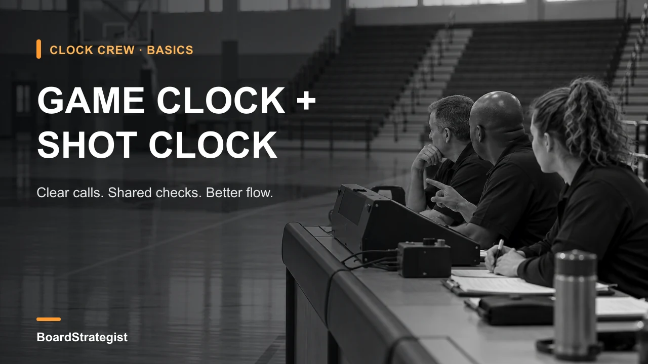 AI-generated fictional editorial scene of clock operators coordinating at a basketball game; no real people, event, or equipment display.