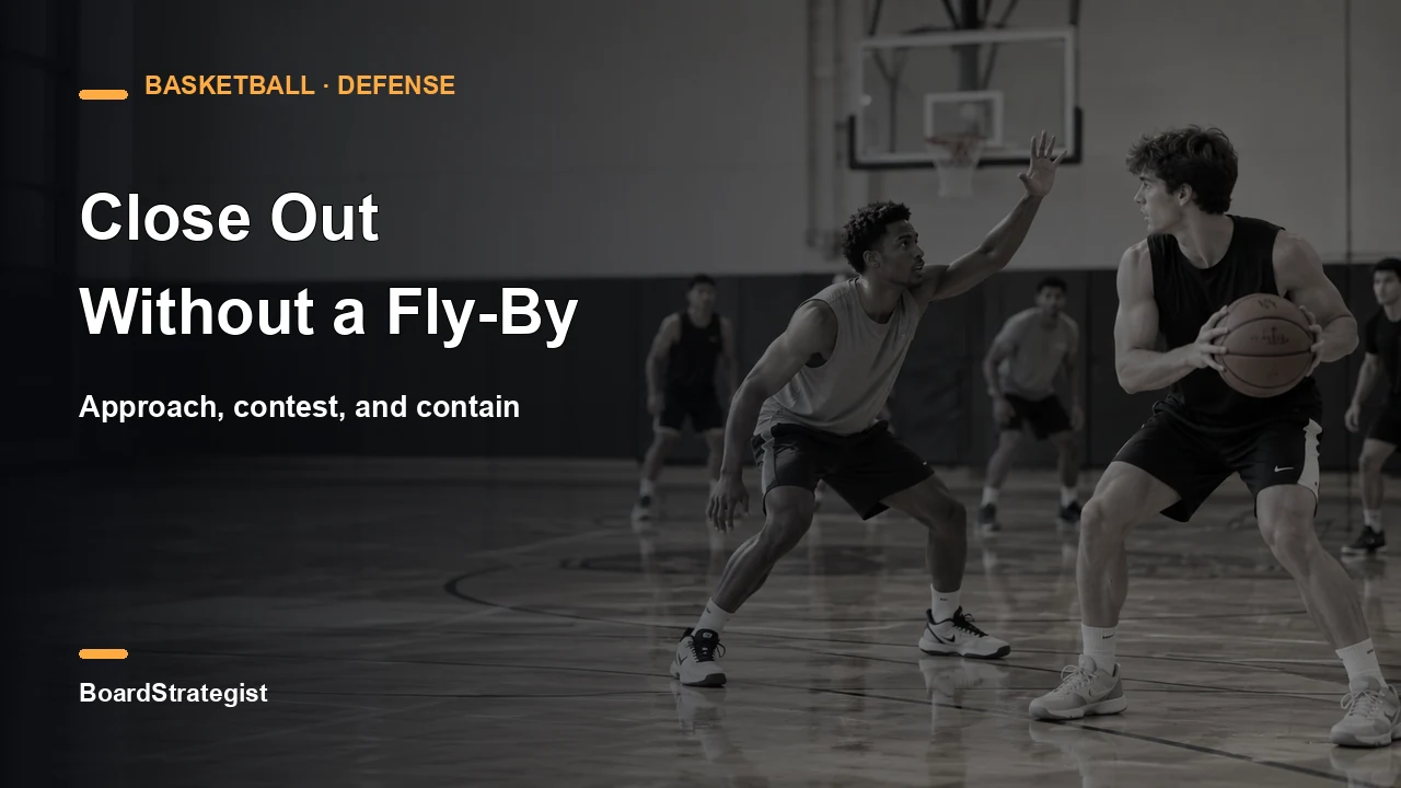 AI-generated fictional practice scene of a defender closing out with a raised hand on a wing shooter.