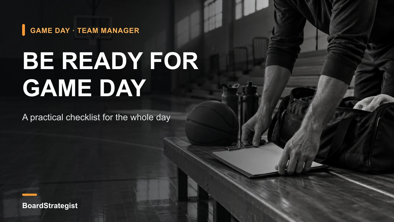 AI-generated fictional basketball venue scene of a team manager checking equipment and a blank clipboard; no real people, team, or game.