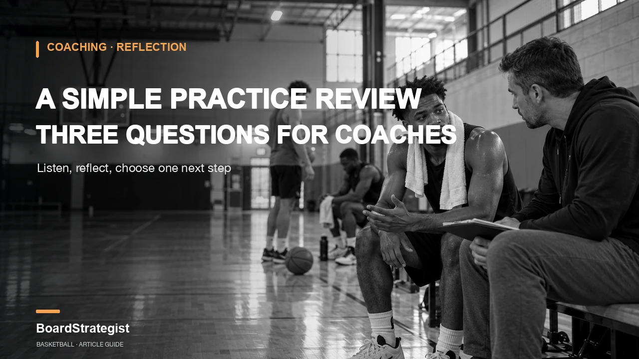 AI-generated editorial image of a coach reviewing a fictional basketball practice; no real team or people are depicted.