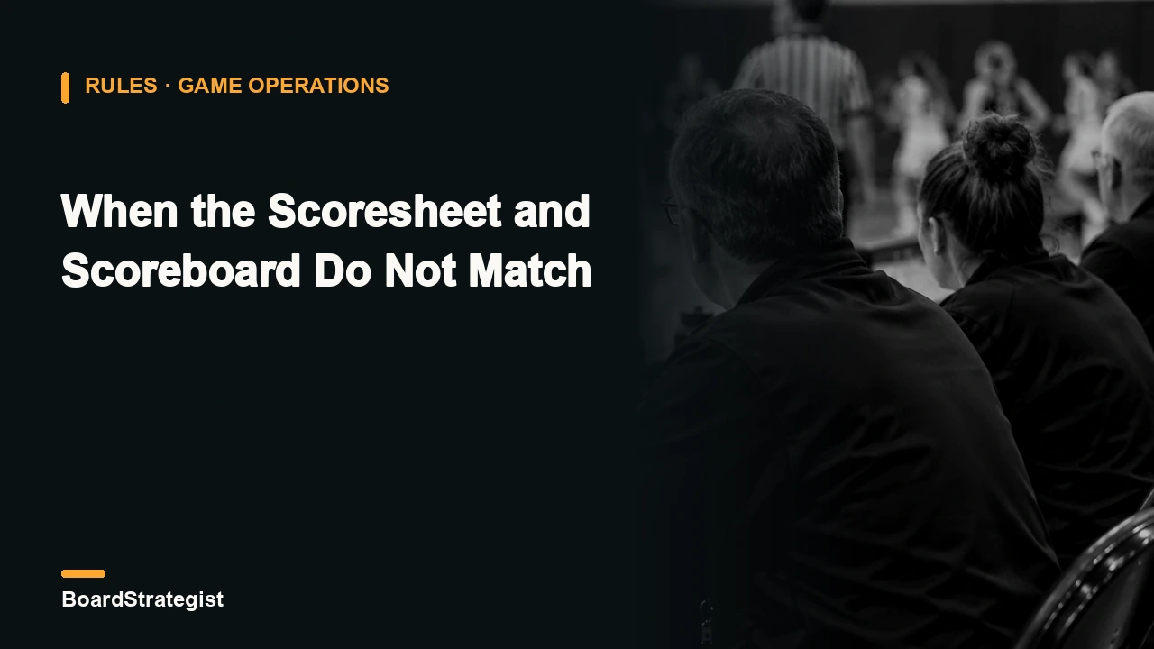 AI-generated fictional table-official scene for an article about checking a scoresheet mismatch.