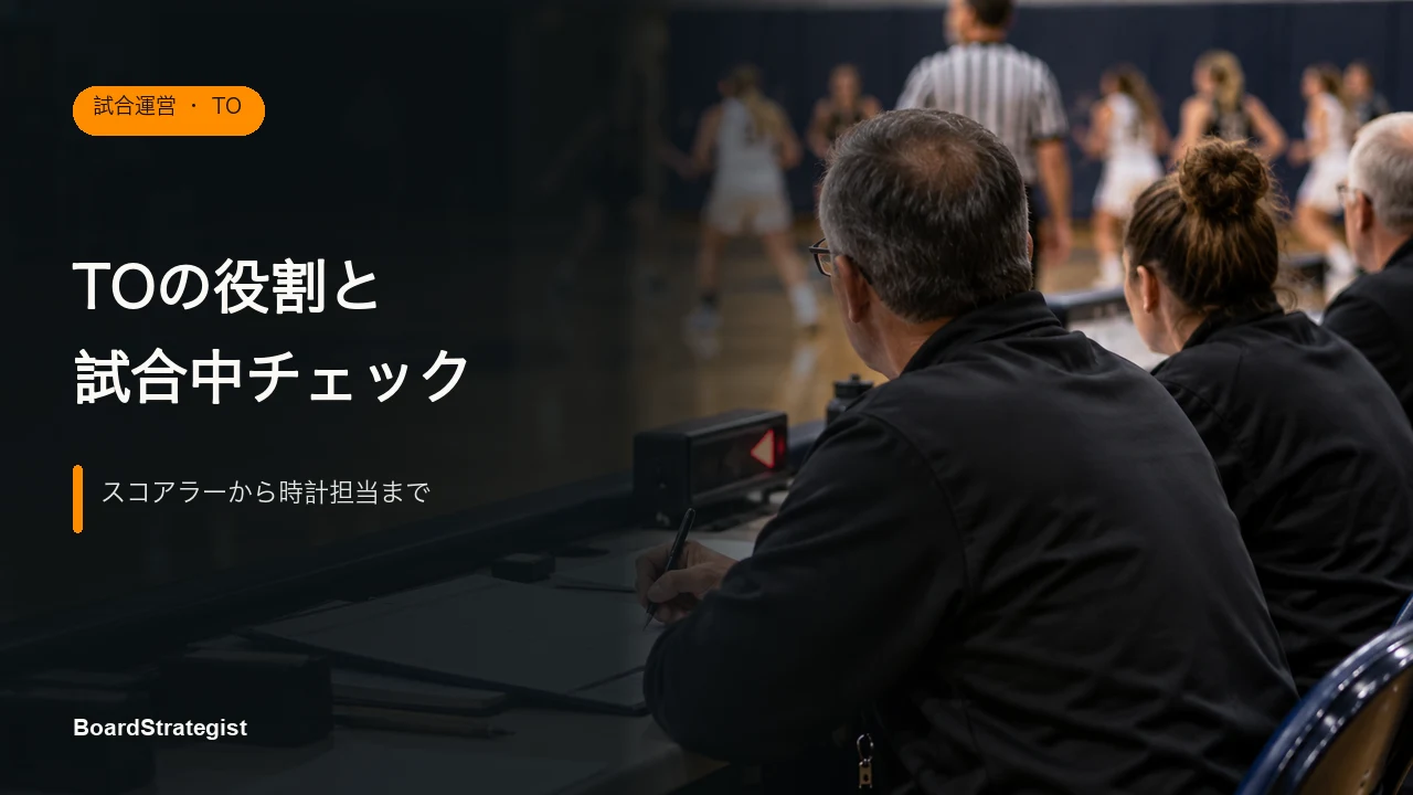体育館のテーブルで記録や表示を分担する大人のTOクルーを描いた生成イラスト。