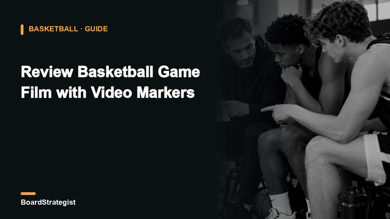 AI-generated fictional basketball video-review scene: a coach and players look at blurred practice footage on a tablet.