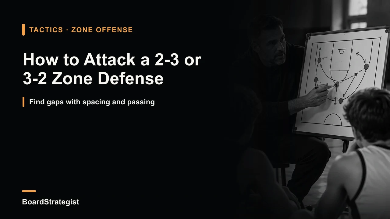 AI-generated cover image of a coach explaining how to attack a zone defense on a whiteboard.