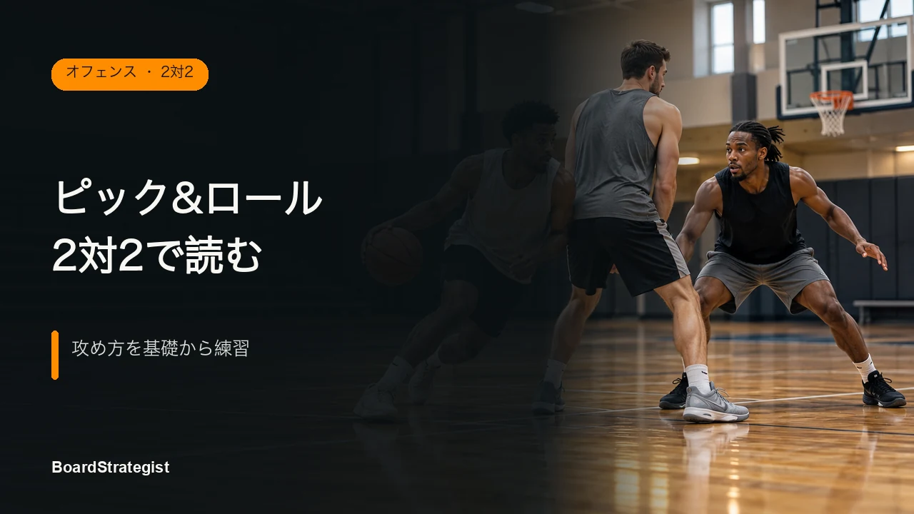 生成した練習イラスト。ボールマンが味方のスクリーンを使ってドライブする場面。実際の試合写真ではありません。
