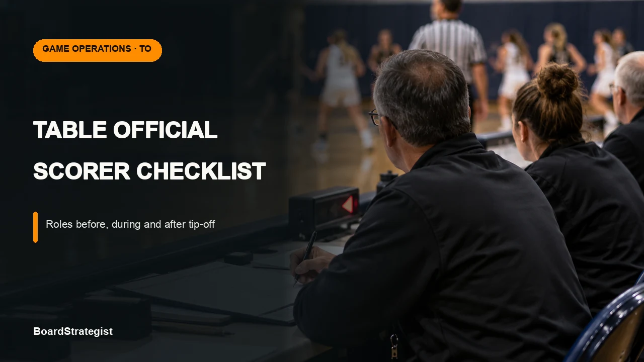 Generated illustration of adult table officials coordinating scorekeeping and displays at an indoor basketball court.